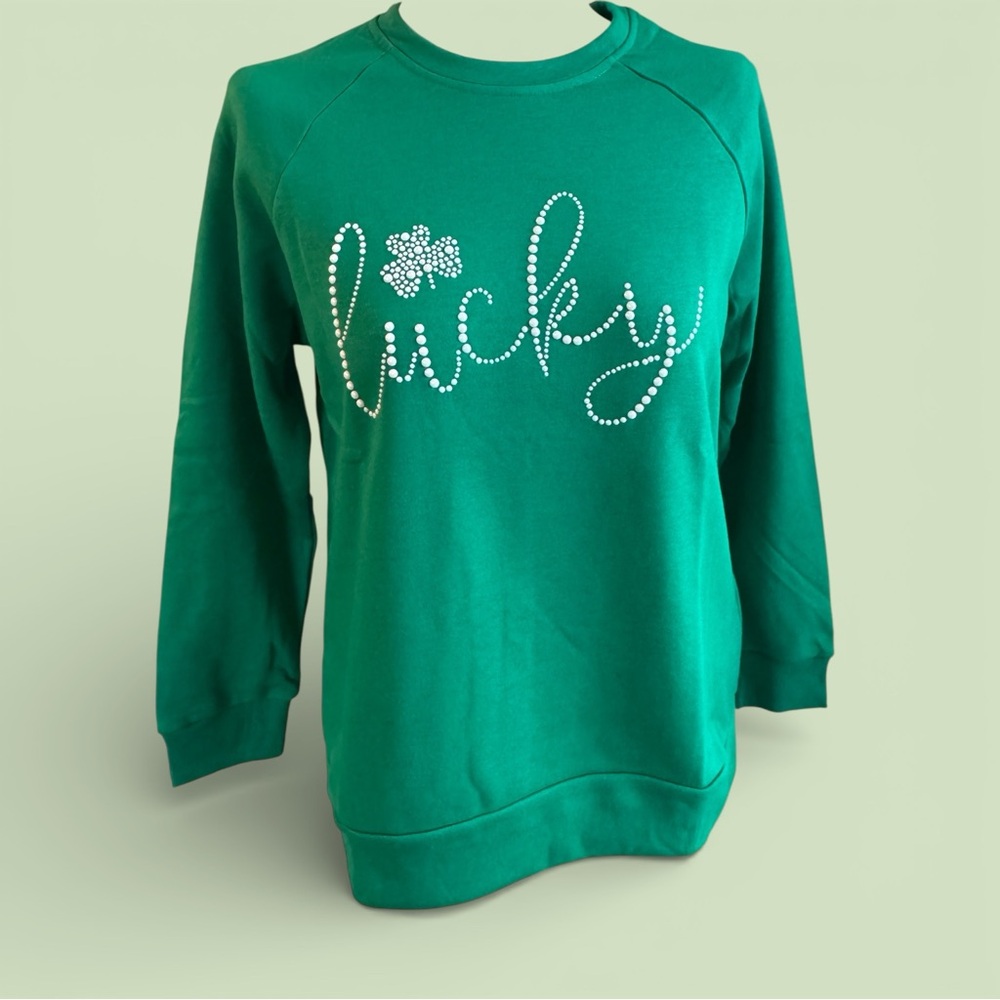 Lucky Shamrock Embellished green sweatshirt sizes S, M, L - Picture 1 of 8